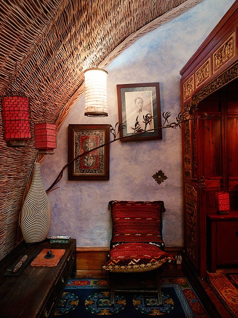 Kilcoe Castle guest room with ceiling woven of willow branches