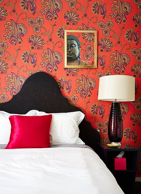 Hand-painted wallpaper in a bedroom designed by Aamir Khandwala