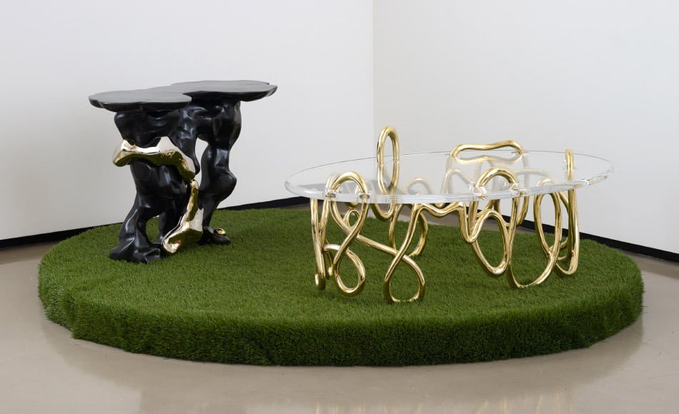 A Mattia Bonetti Rocky side table from 2013 and an Oval Meander coffee table from 2011 in the Paul Kasmin show "Mattia Bonetti: Indoor | Outdoor" in 2013