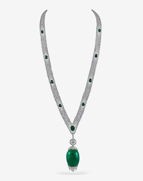 Art Deco platinum and diamond sautoir necklace with a cabochon emerald