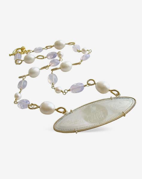 Mother of Pearl Monogram Gaming Counter Lavender Moon Quartz Necklace