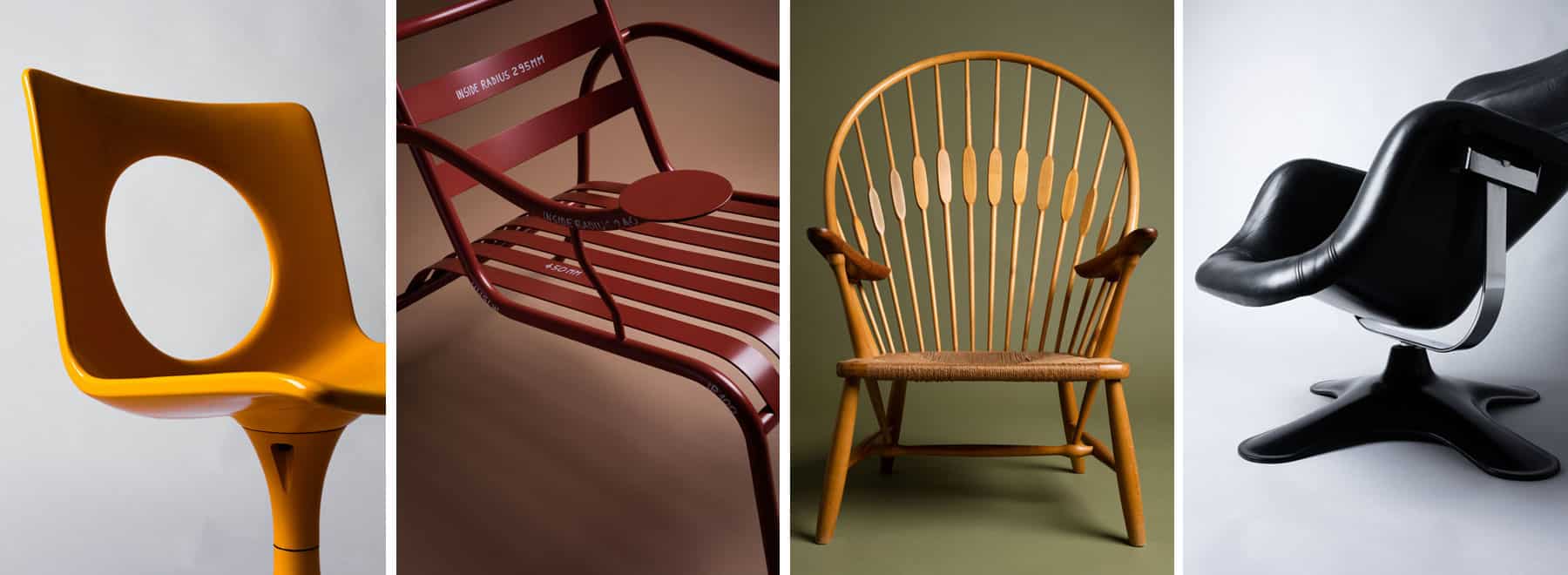 Carl Gustaf Hiort af Ornäs’s Afo-Seat, 1971; Jasper Morrison’s Thinking Mans chair, 1987; Hans Wegner’s Peacock chair, 1947; and Yrjö Kukkapuro’s Karuselli chair, 1964