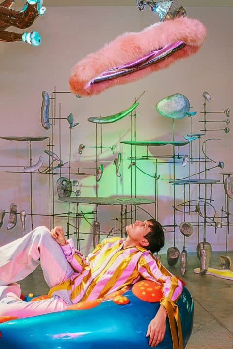 Misha Kahn at his 2017 exhibition "Midden Heap," at Friedman Benda Gallery
