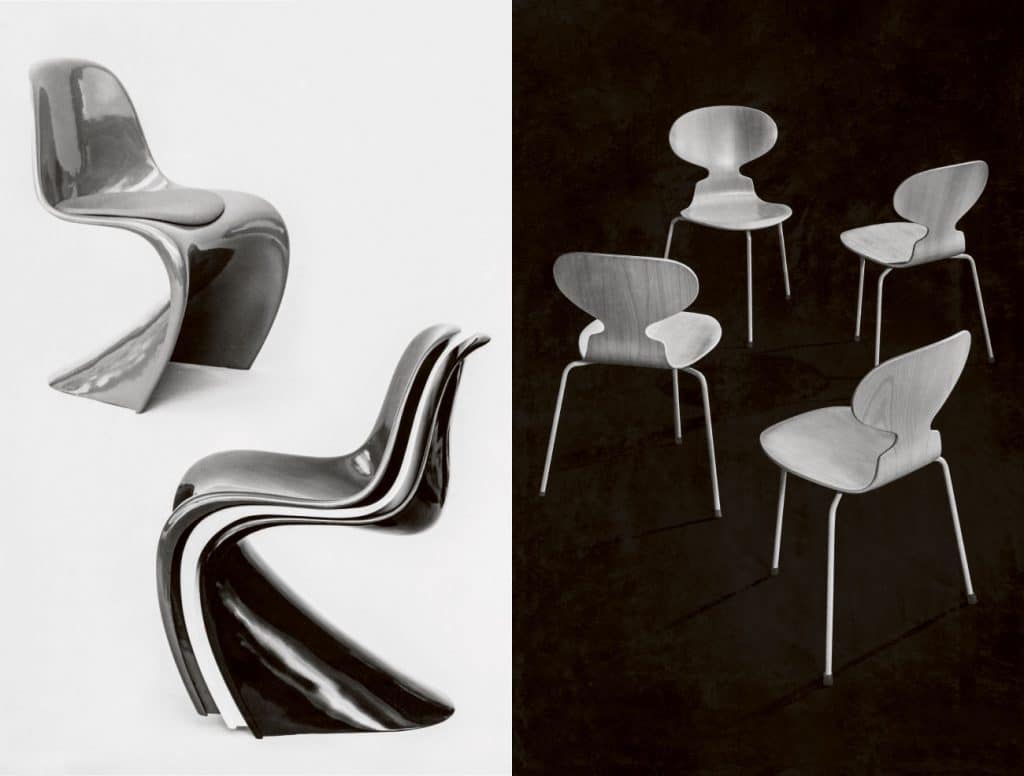Left: Verner Panton Panton Chair, right: Arne Jacobsen The Ant Chair