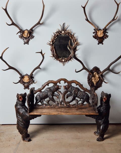 1stdibs Gallery Chelsea Christie's Juan Montoya Black Forest antlers bench bears