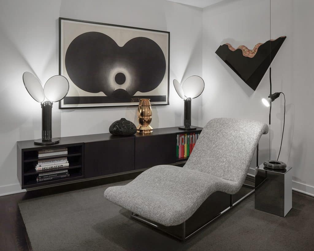 Glass pieces by Angelo Mangiarotti and sideboard by Bramin Mobler