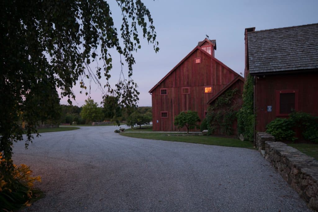 entrance to this Roxbury, Connecticut, home is planted with two Sargentii crabapples