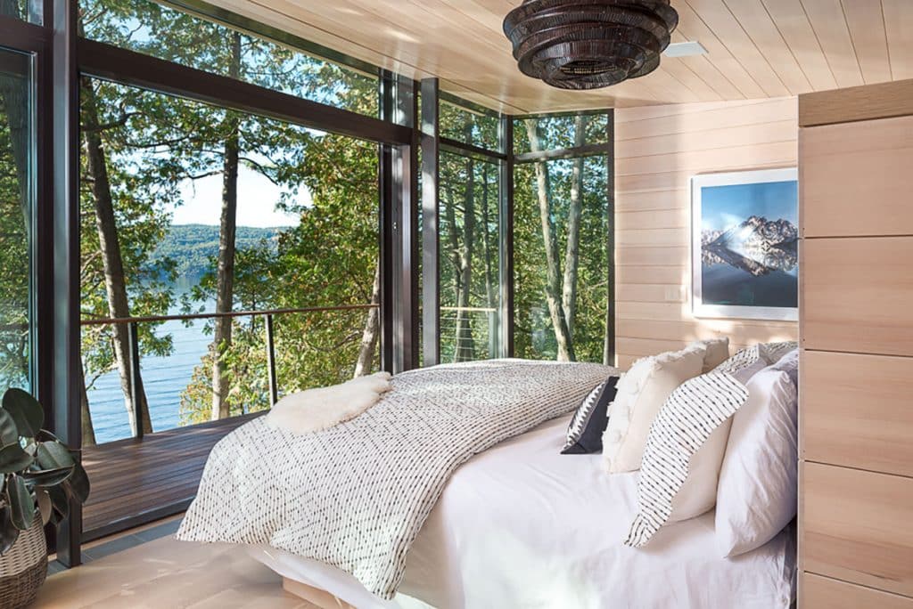 Charlotte Barnes Interiors Bedroom with view of Lake Champlain