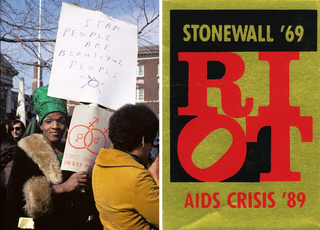 Marsha P. Johnson at the Gay rights demonstration, Albany, New York, 1971, by Diana Davies and Riot, 1989, by Gran Fury