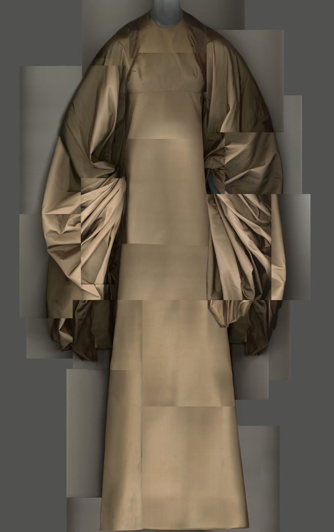braunes Madame Grès-Seidenkleid mit voluminösen Ärmeln 