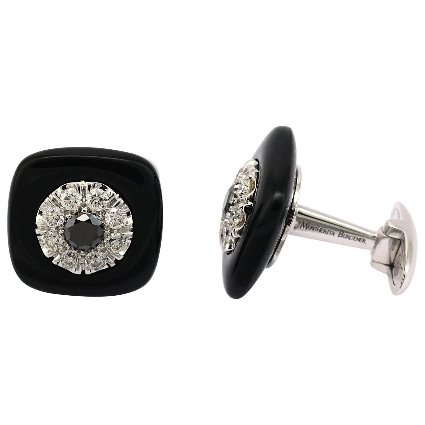 Boutons de manchettes Margherita Burgener, diamants noirs et blancs, onyx et or blanc 18 carats