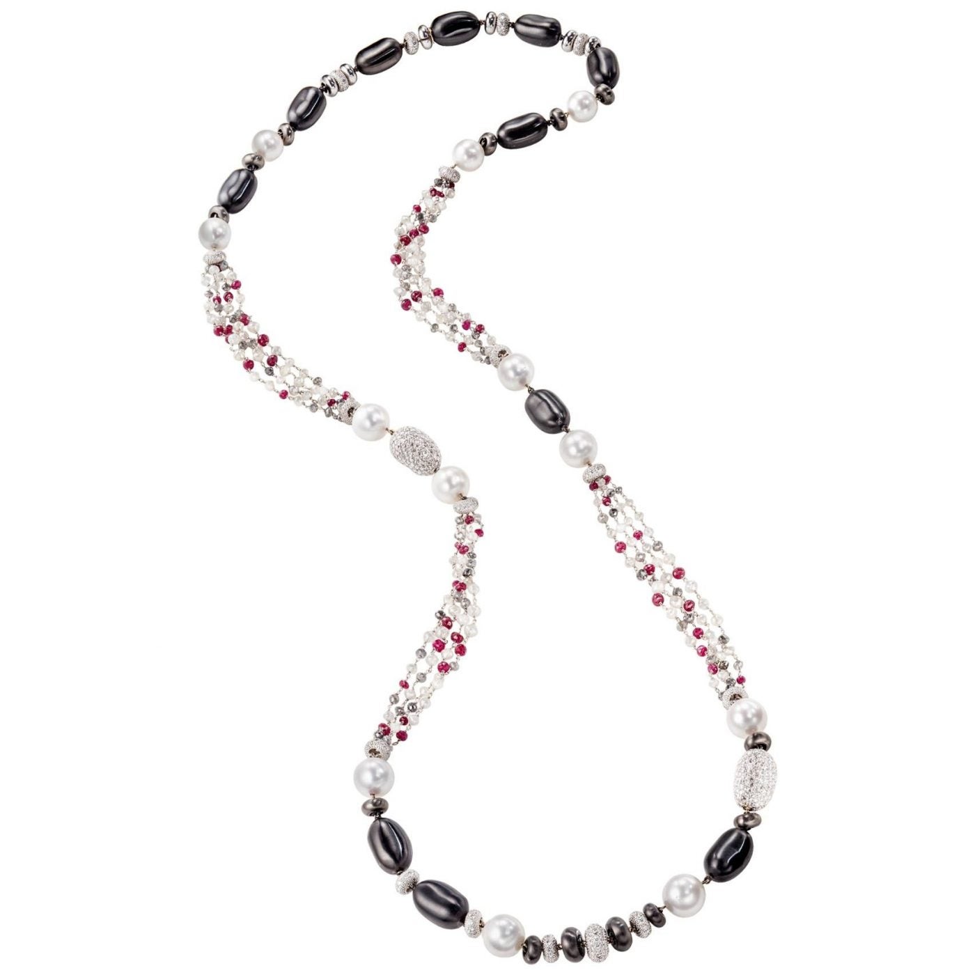 Lange Sabbadini-Halskette mit Perlen, Diamanten und Rubinen