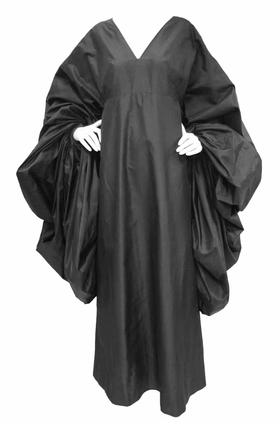 schwarzes Madame Grès-Seidenkleid mit voluminösen Ärmeln 