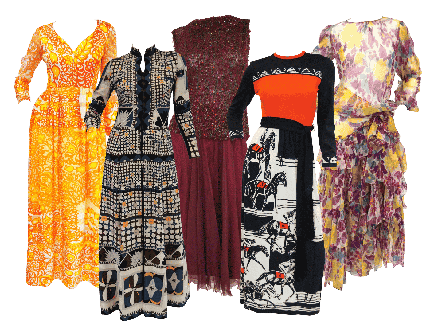 Collage einiger Schätze aus dem Bestand von MRS Couture mit lebhaft bedruckten und verzierten Kleidern von Christian Dior, Averardo Bessi, Yves Saint Laurent, Gene Berk und Oscar de la Renta.