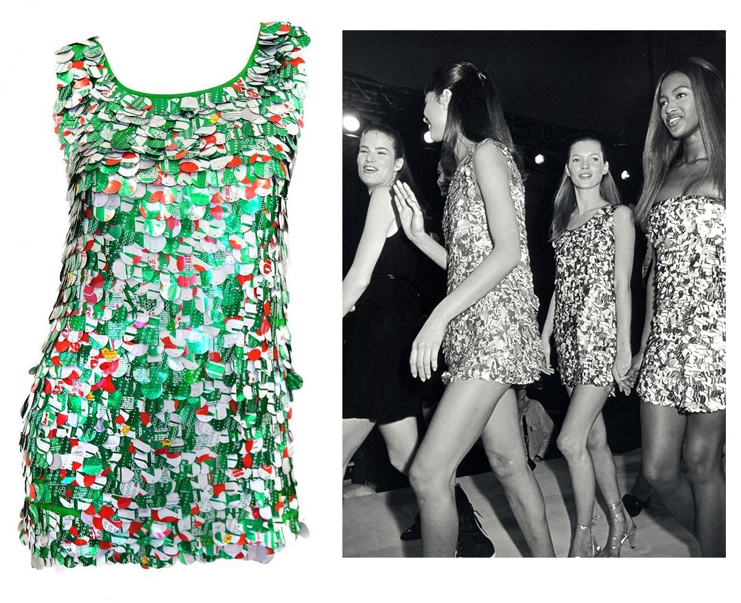 Links: Ein einzigartiges Stück, das Rosenberg über 1stDibs verkaufte, war ein Isaac Mizrahi-Kleid aus dem Jahr 1994, besetzt mit Pailletten aus Diet 7-Up-Dosen. Rechts: Eine Gruppe von Models, unter ihnen Kate Moss und Naomi Campbell, zeigen Mizrahis Kleider aus Aluminiumdosen.