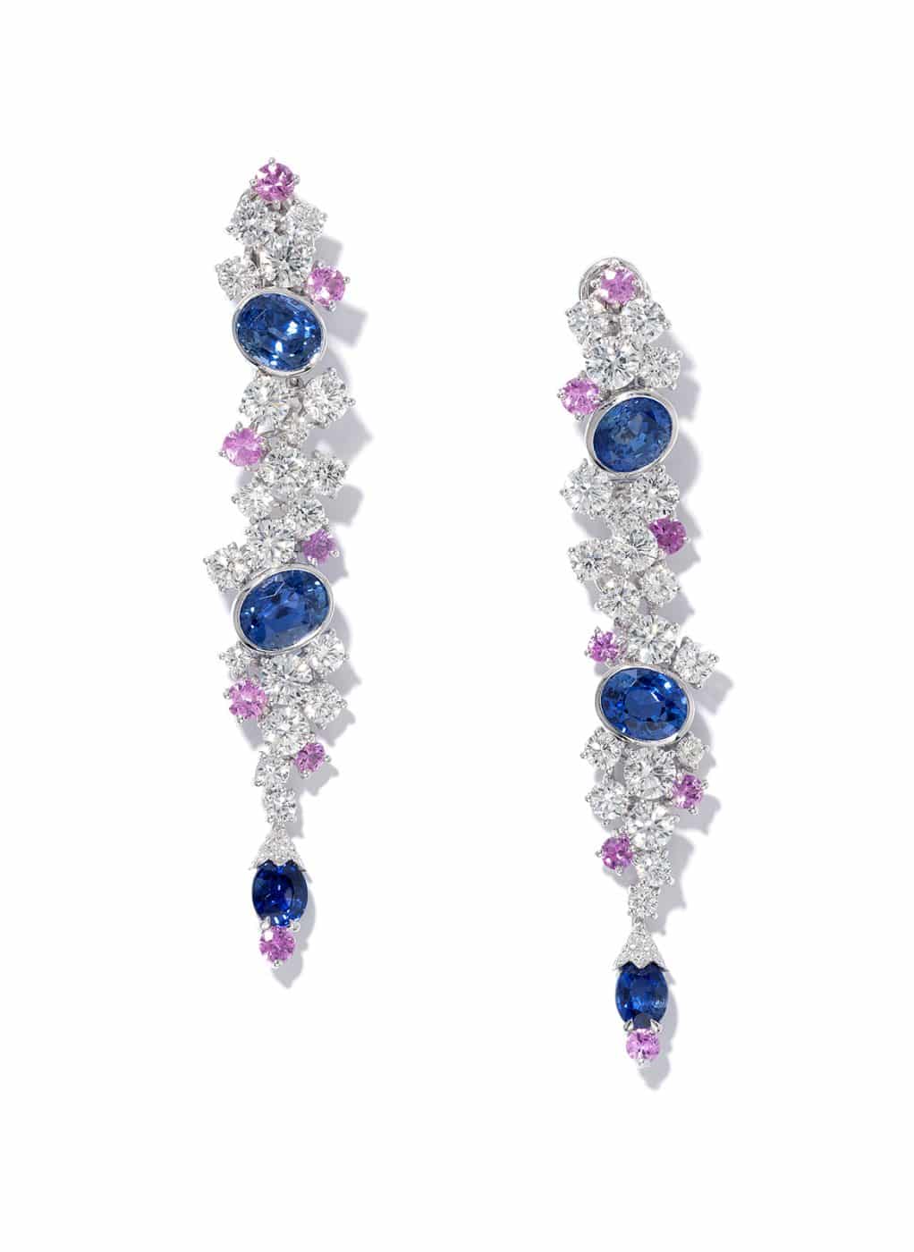 Boucles d'oreilles en goutte, platine, diamants blancs et saphir