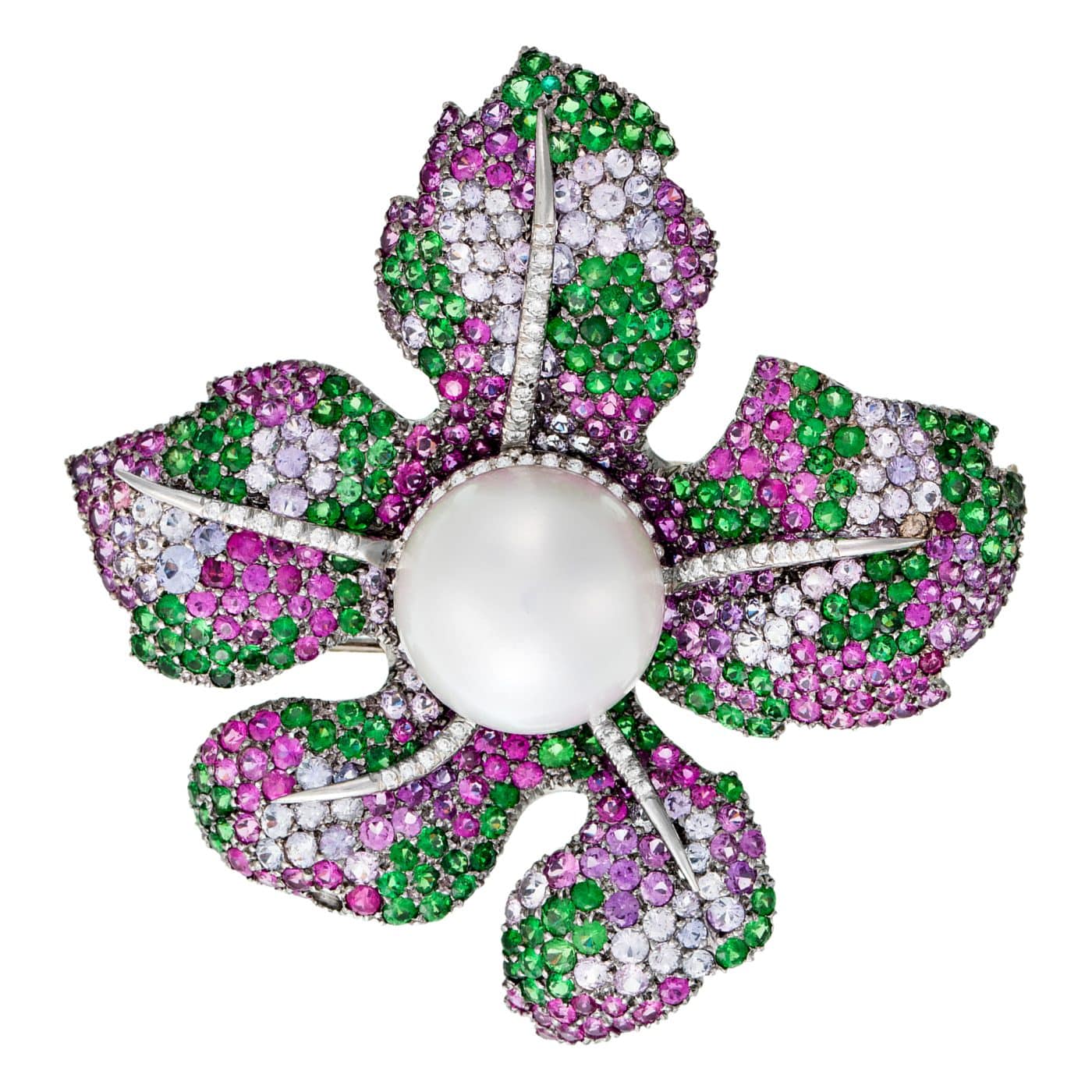 Mehrfarbige Blumenbrosche mit Saphiren, Tsavoriten, Diamanten und Perle