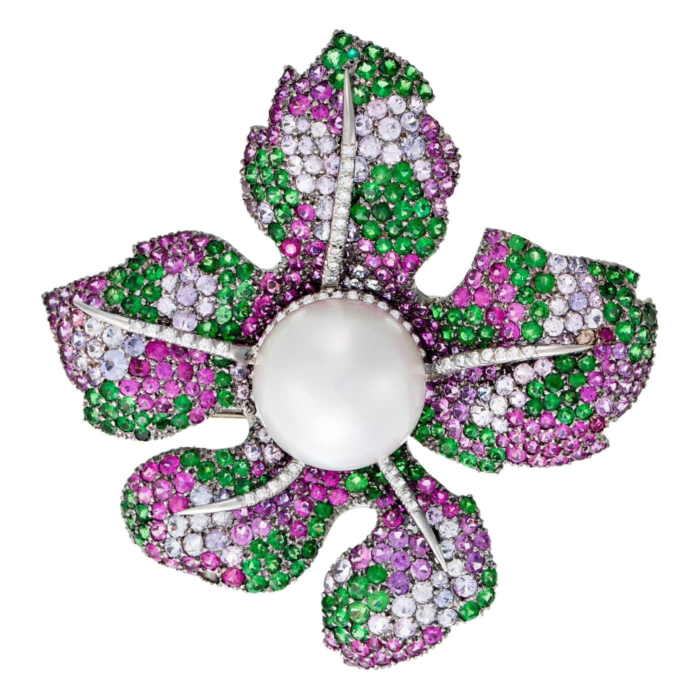 Broche en forme de fleur, perle, diamants, tsavorites et saphirs multicolores