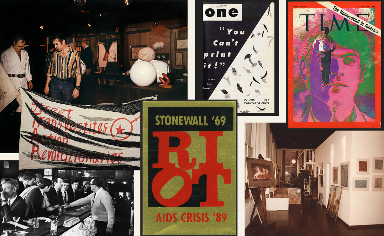 Pièces historiques issues de la collection du musée et photos d'archives du loft de Soho de Charles Leslie et Fritz Lohman (en haut à gauche et en bas à droite), où le couple a présenté sa première exposition artistique.