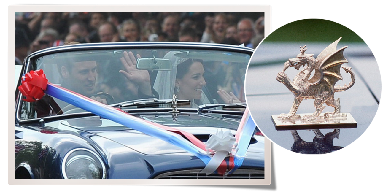 Kate Middleton und Prinz William in einem Aston Martin, dessen Motorhaube ein goldener Drache zierte; eine Auftragsarbeit von David Morris anlässlich des 21. Geburtstags von Prinz Charles.