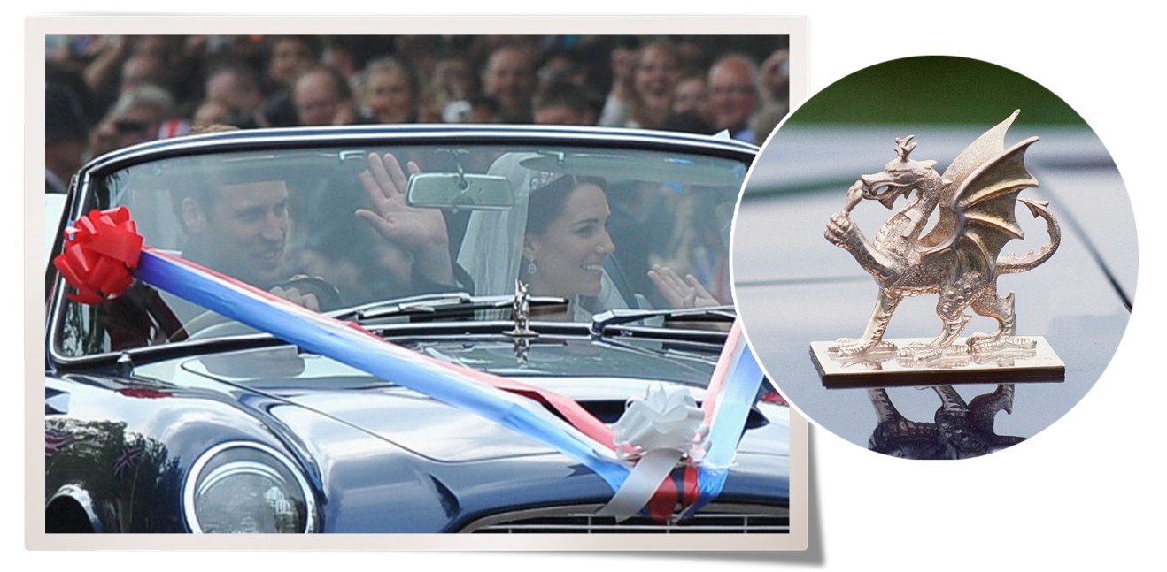 Le prince William et Kate Middleton à bord d'une Aston Martin dont le capot est orné d'un dragon en or que David Morris avait fabriqué sur commande pour le prince Charles à l'occasion de son 21e anniversaire.