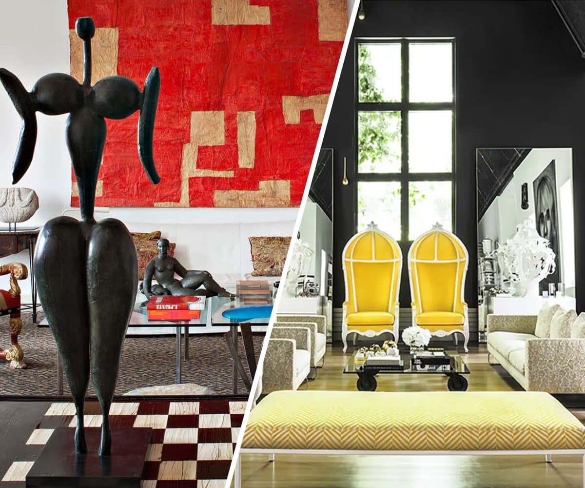 Side-by-side image of a global-themed living room with a red wall hanging and large bronze sculpture next to a glamorous living room with yellow porter's chairs and a large-scale portrait of Andy Warhol