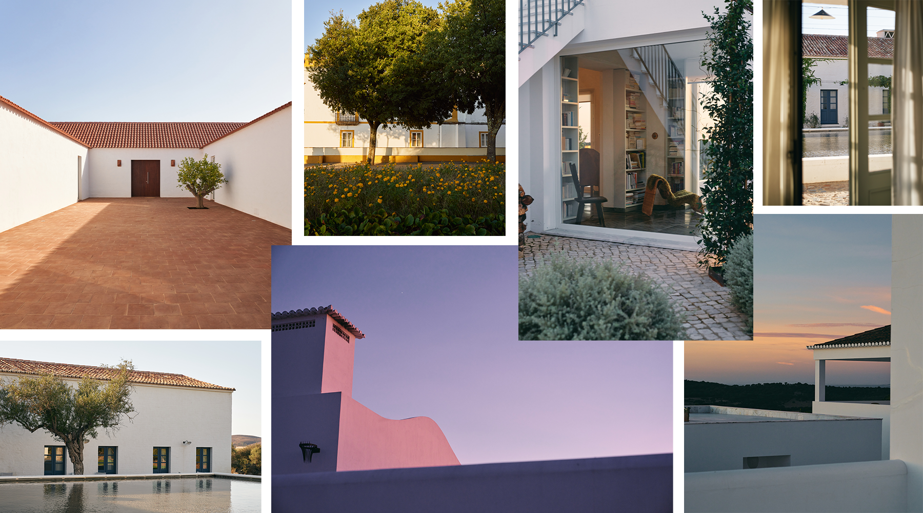 Eine Collage aus Fotografien von Alice Gao, auf denen weiß getünchte Gebäude in der Region Alentejo in Portugal abgebildet sind