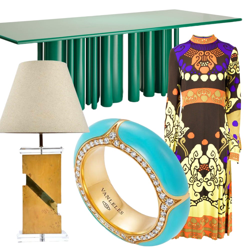 Clockwise from bottom left: A 1970s burl-wood table lamp with Lucite and brass accents, offered by Furnish Me Vintage; an Interni Design Studio Townhaus Green matte lacquer table, offered by SoShiro; a Leonard silk-jersey dress, offered by Chantal Quiquine; and a Vanleles turquoise-and-diamond ring.