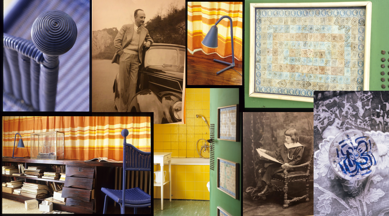 Un collage de photos de Jean Royère et de sa maison en Bretagne